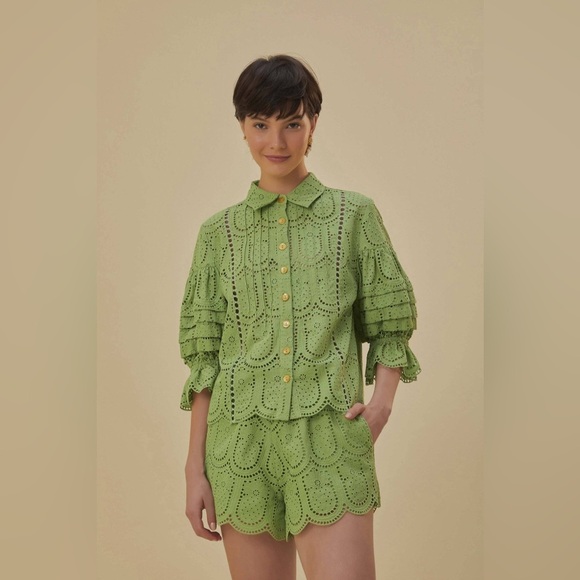 Farm Rio Pineapple Eyelet Green Shorts - Picture 1 of 5